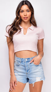 Bondi Pink Short Sleeve Collared Sweater Crop Top